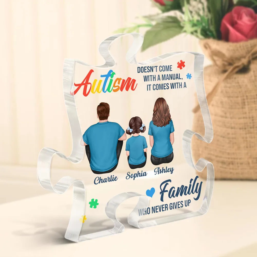Autism Comes With A Family Never Give Up Family Back View Personalized Puzzle Acrylic Block Plaque