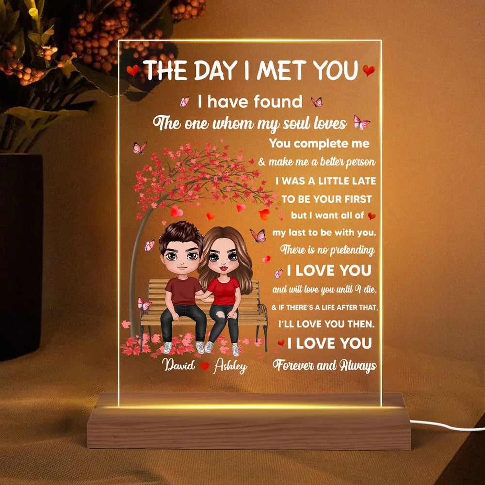 The Day I Met You Couple Personalized Plaque LED Night Light, Acrylic LED Lamp, Valentine‘s Day Gift For Him, For Her