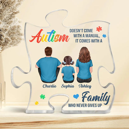 Autism Comes With A Family Never Give Up Family Back View Personalized Puzzle Acrylic Block Plaque