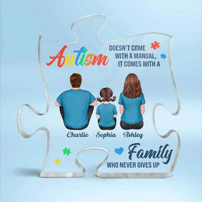 Autism Comes With A Family Never Give Up Family Back View Personalized Puzzle Acrylic Block Plaque