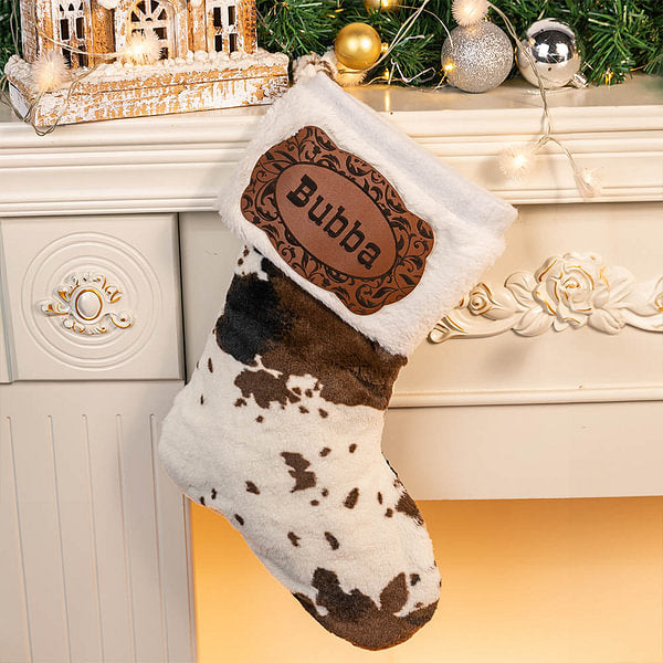 Personalised Western Cowboy Cow Print Fleece Christmas Stocking with Name Leather Patch Fireplace Tree Hanging Festival Decor Gift for Family Kids