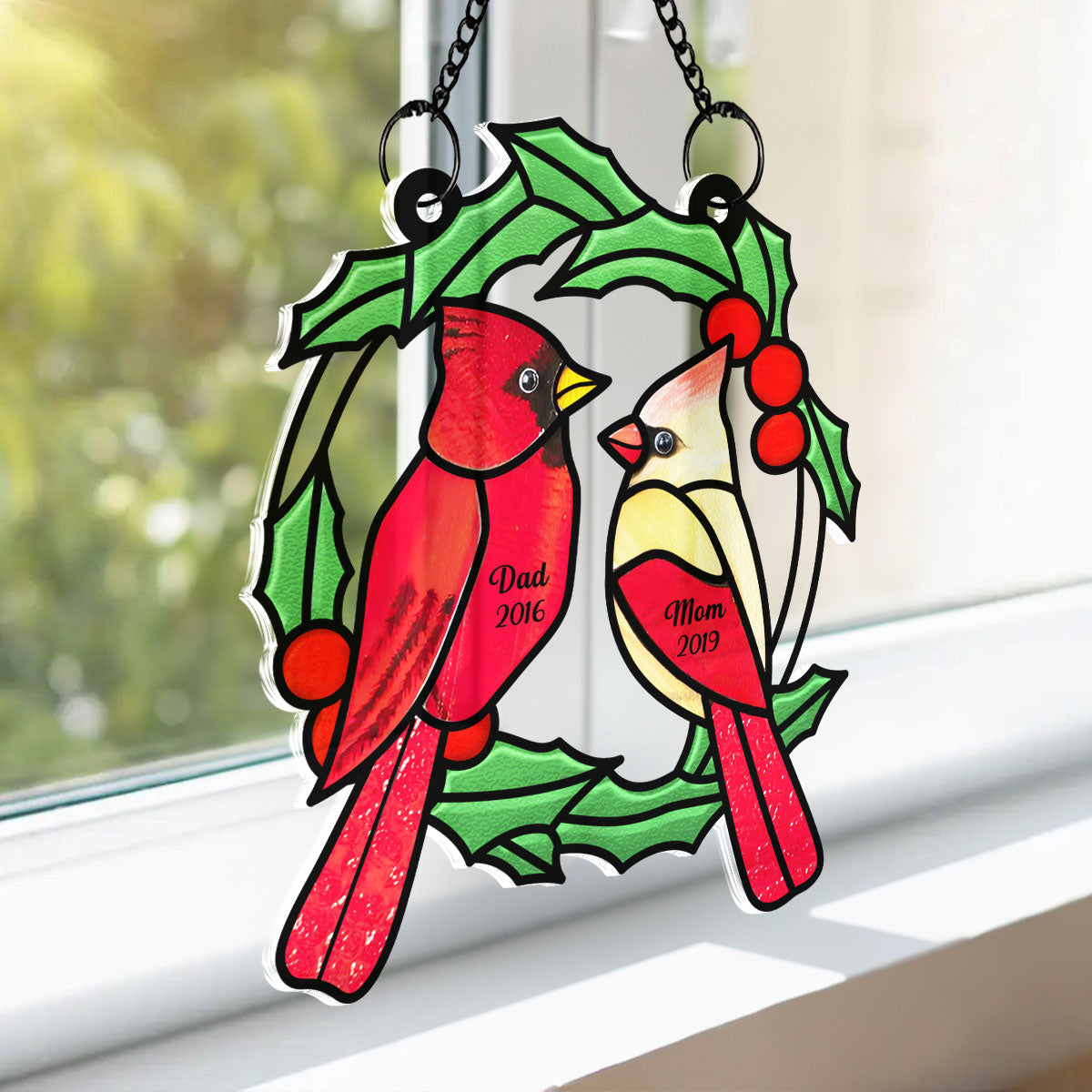 Christmas Wreath Cardinal Memorial Personalized Window Hanging Suncatcher Ornament, Sympathy Gift
