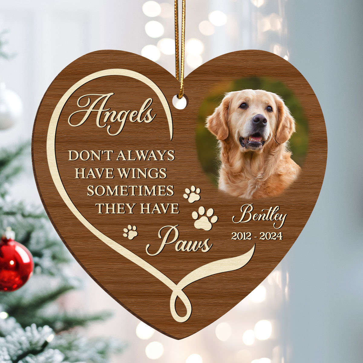 Angels Have Paws Dogs Cats Pet Memorial Personalized Wooden Ornament, Sympathy Gifts for Dog Loves Cat Lovers