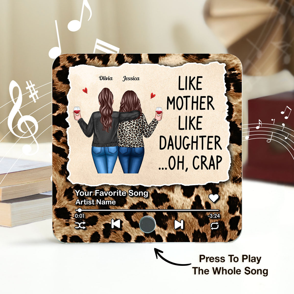Like Mother Like Daughter Leopard Pattern Personalized Music Fridge Magnet, Funny Mother's Day Gift for Mom, Gift for her