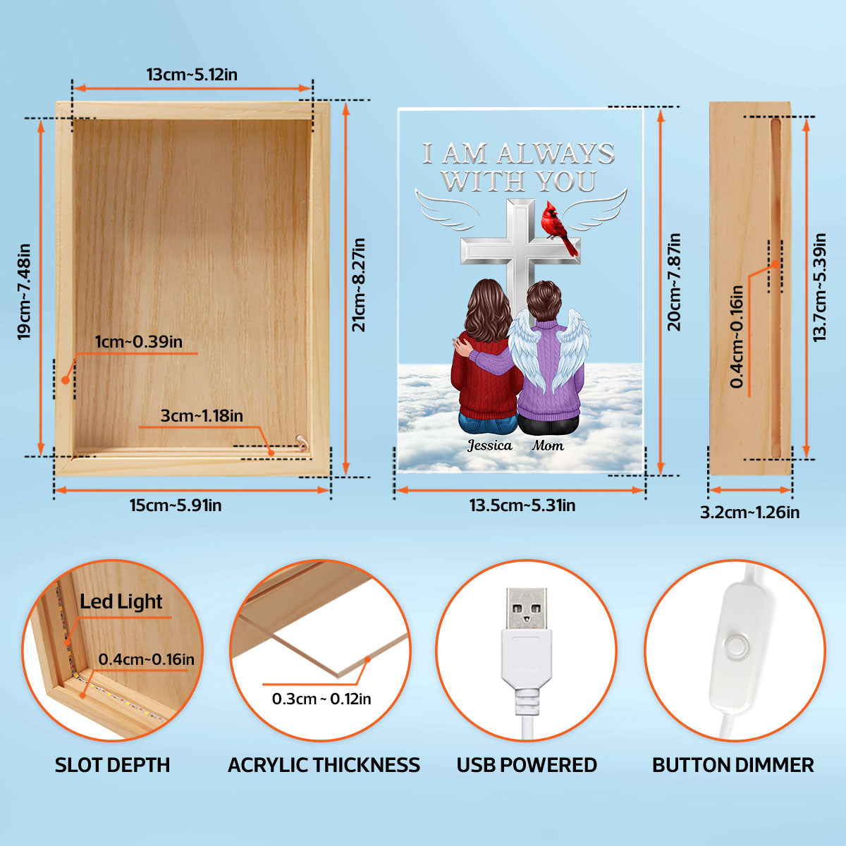 Always With You Family Memorial Cross Cardinal Personalized Frame Light Box