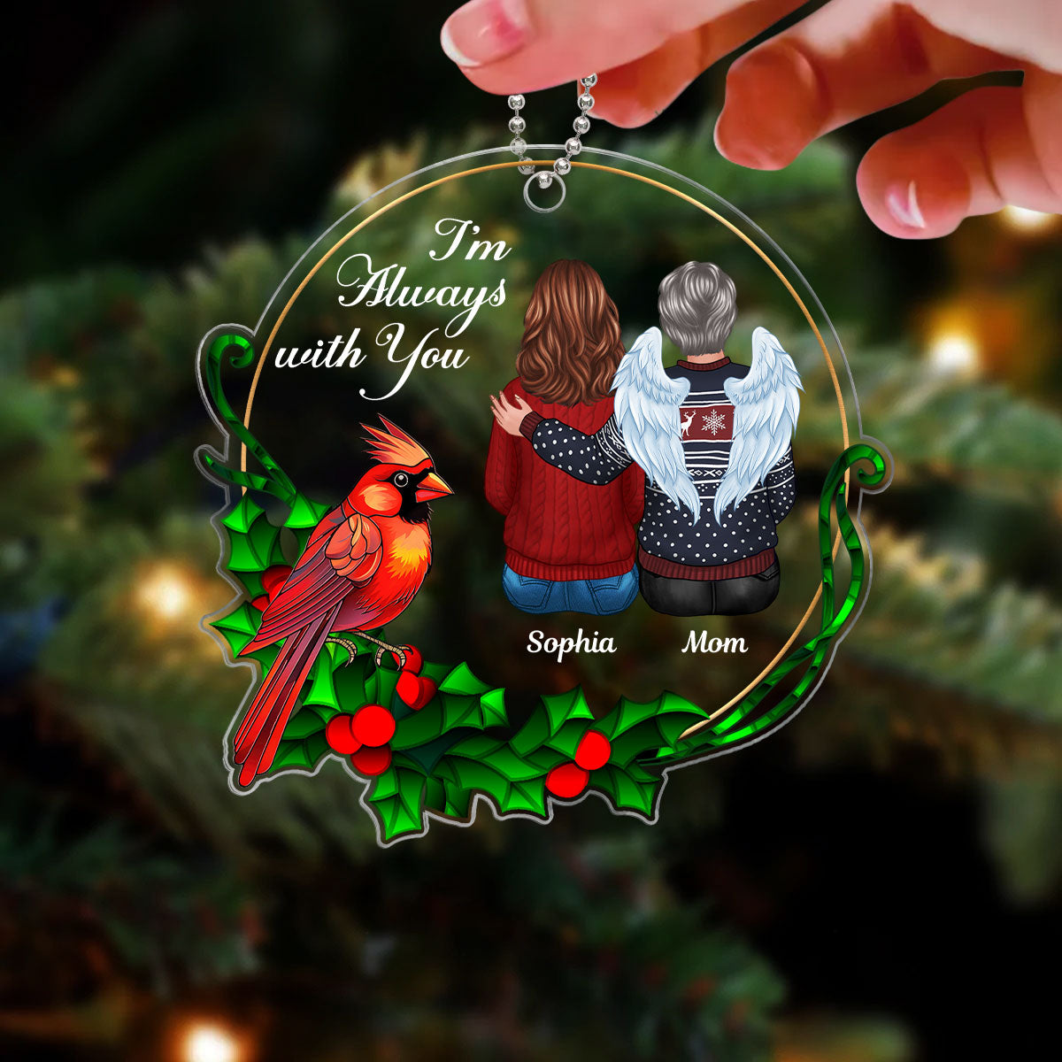 Always With You Stained Glass Wreath Cardinal Memorial Keepsake Personalized Acrylic Ornament