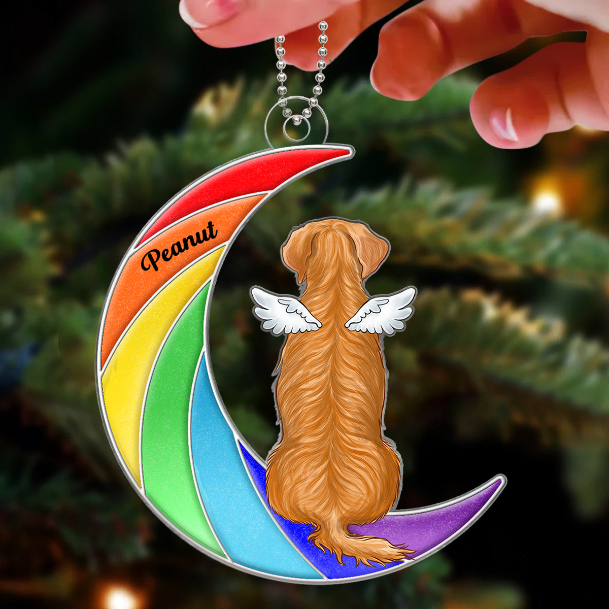 Pet Memorial Remembrance Keepsake Dog Cat Sitting On Rainbow Moon Personalized Acrylic Ornament