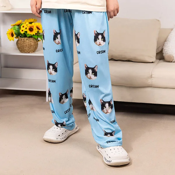 Personalised Dog Cat Face Photo Multicolor Plaid Name Pajama Pants with Drawstring Waist Birthday Christmas Gift for Women Men Pet Lovers