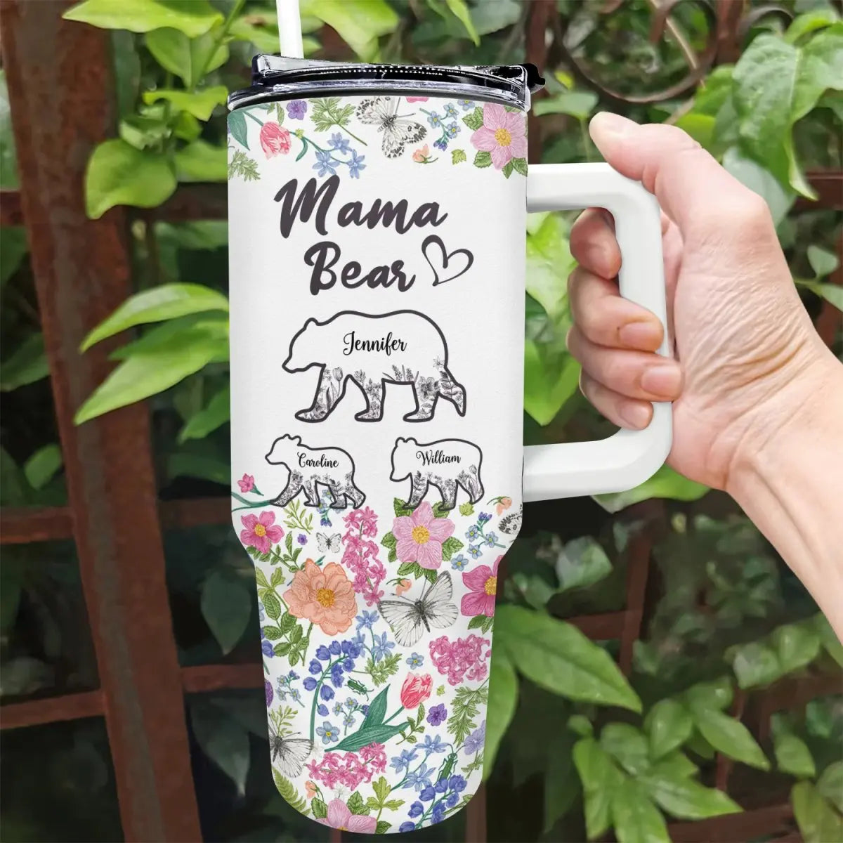 40oz Mother - Floral Mama Bear - Personalized Tumbler 40oz Tumbler With Straw The Next Custom Gift