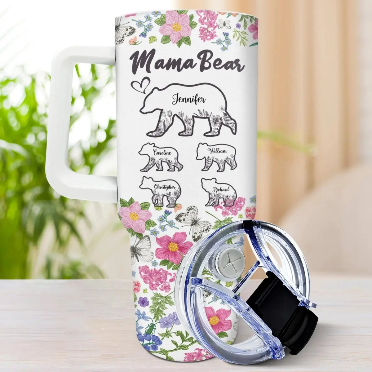 40oz Mother - Floral Mama Bear - Personalized Tumbler 40oz Tumbler With Straw The Next Custom Gift