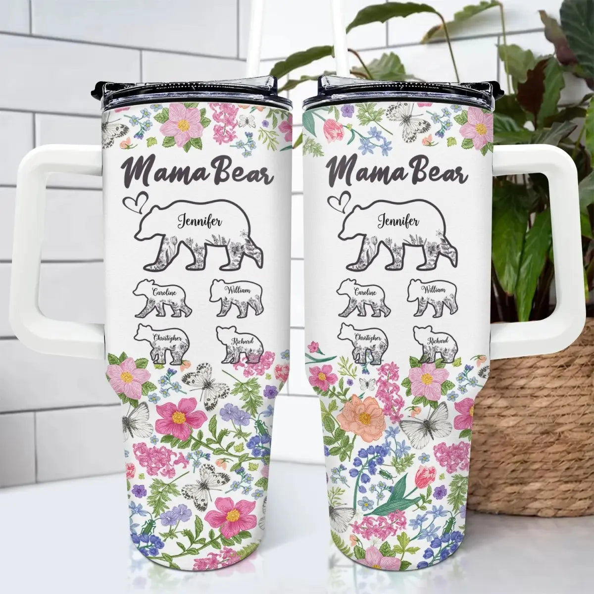 40oz Mother - Floral Mama Bear - Personalized Tumbler 40oz Tumbler With Straw The Next Custom Gift