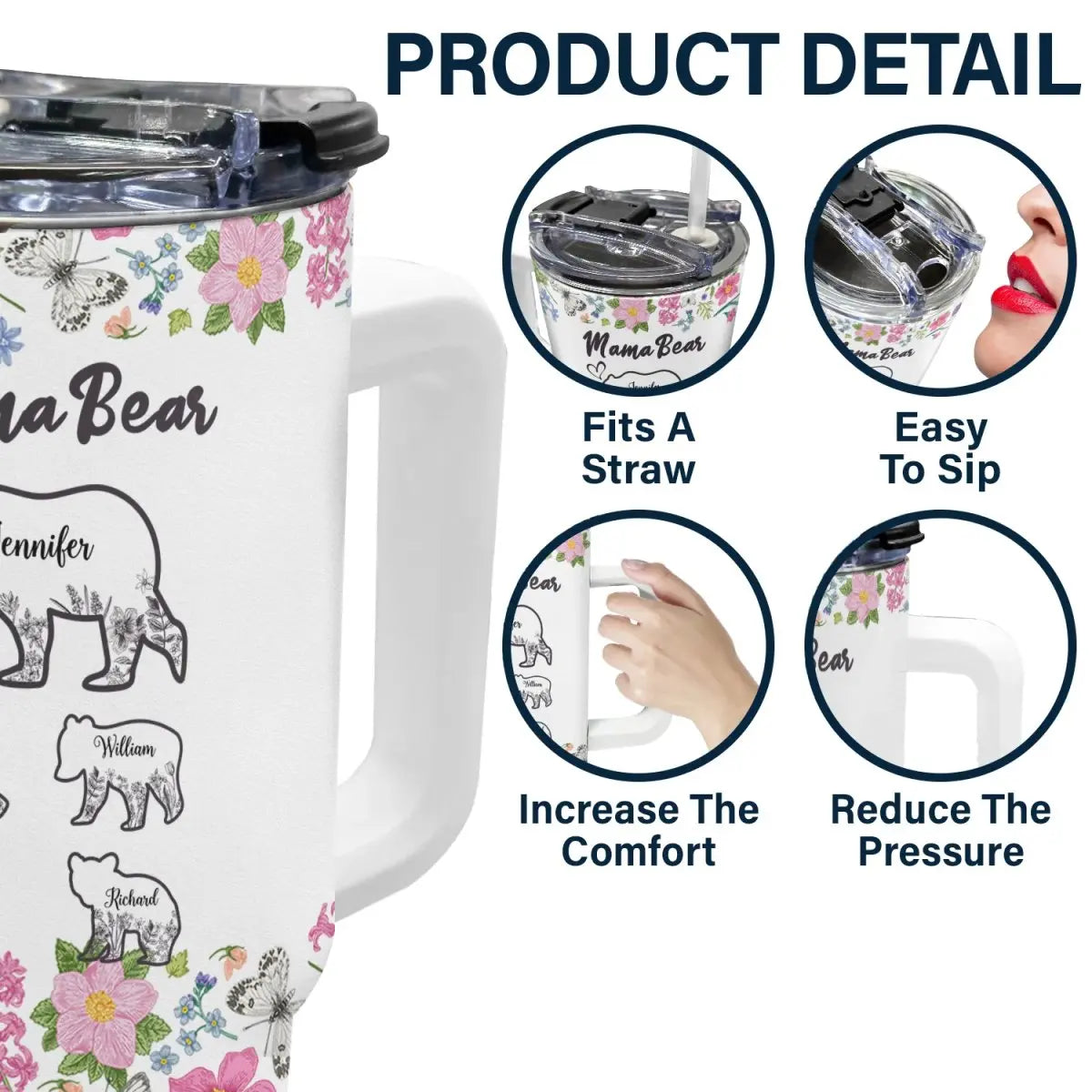 40oz Mother - Floral Mama Bear - Personalized Tumbler 40oz Tumbler With Straw The Next Custom Gift