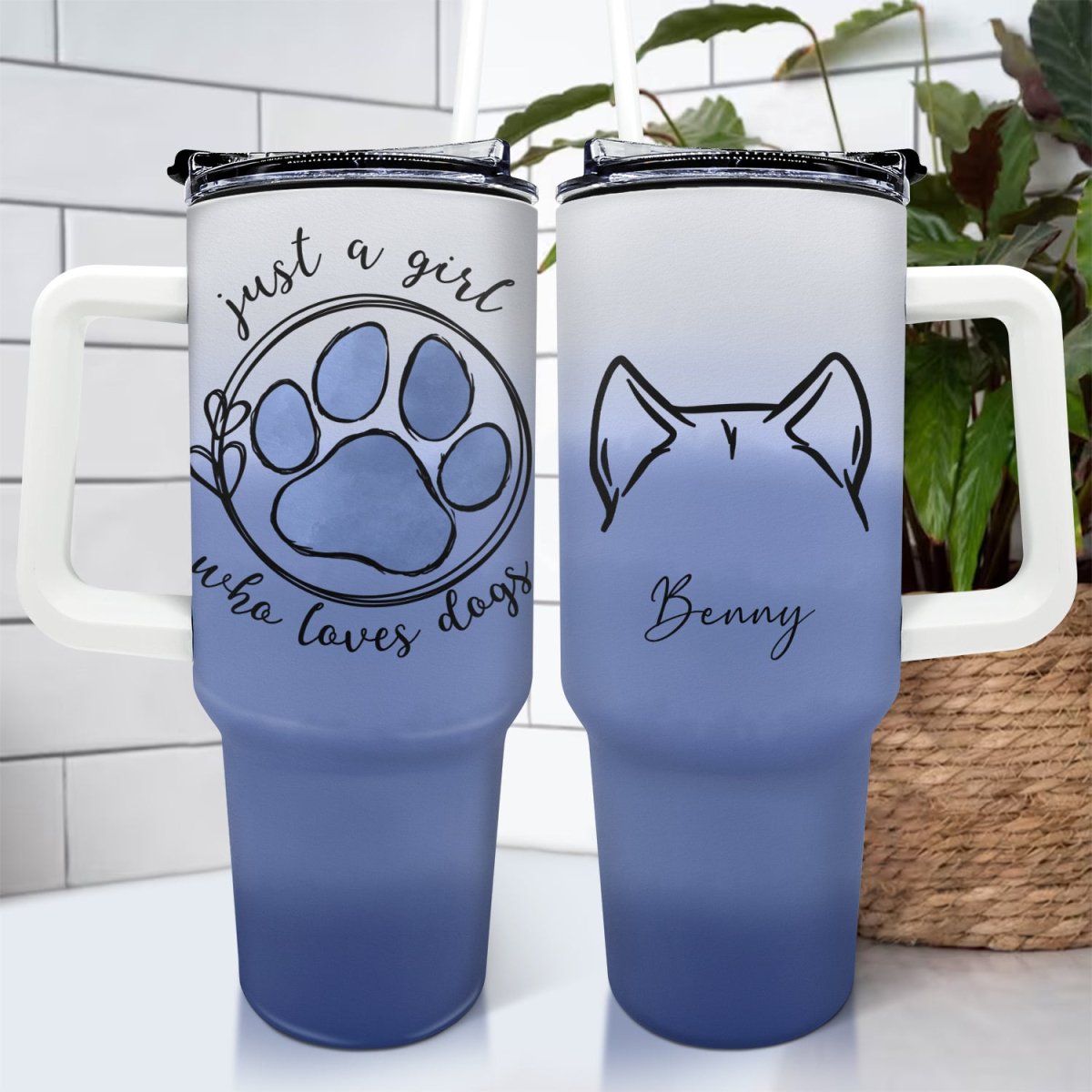 40oz Dog Lovers - Just A Girl Who Loves Dogs - Personalized Photo Tumbler With Handle - The Next Custom Gift