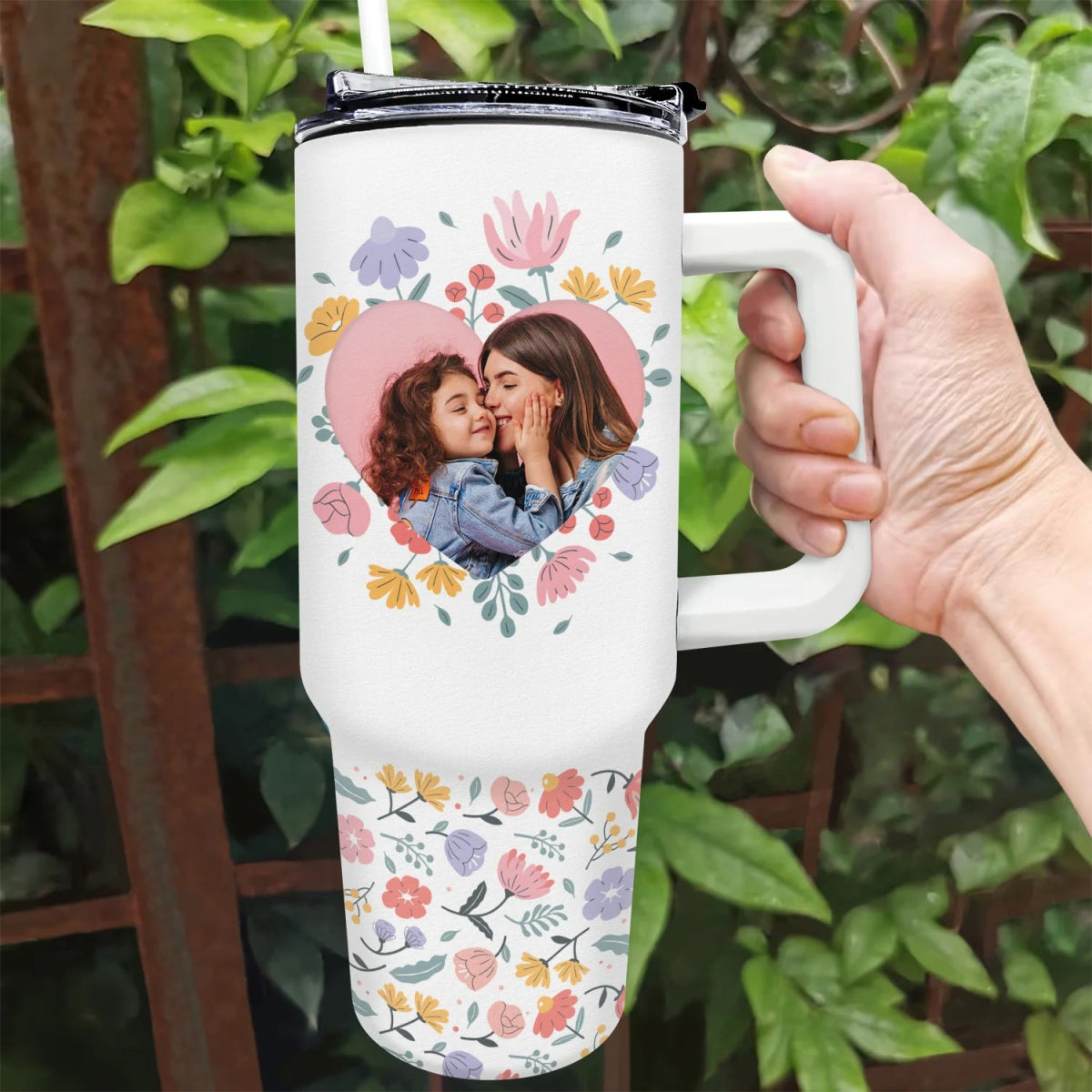 40oz Family - Mother & Daughter Son Forever Linked Together - Personalized Tumbler With Handle (NV) - The Next Custom Gift