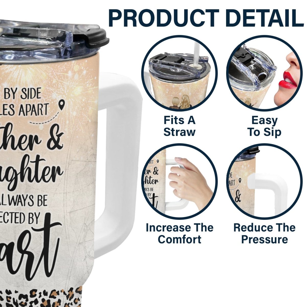 40oz Family - Mother & Daughter Will Always Be Connected By Heart - Personalized Tumbler With Handle - The Next Custom Gift