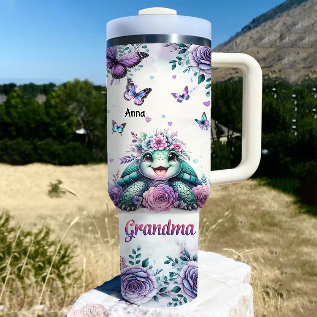 40oz Family - Purple Rose With Turtle - Personalized Tumbler With Handle - The Next Custom Gift