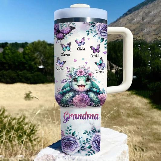 40oz Family - Purple Rose With Turtle - Personalized Tumbler With Handle - The Next Custom Gift