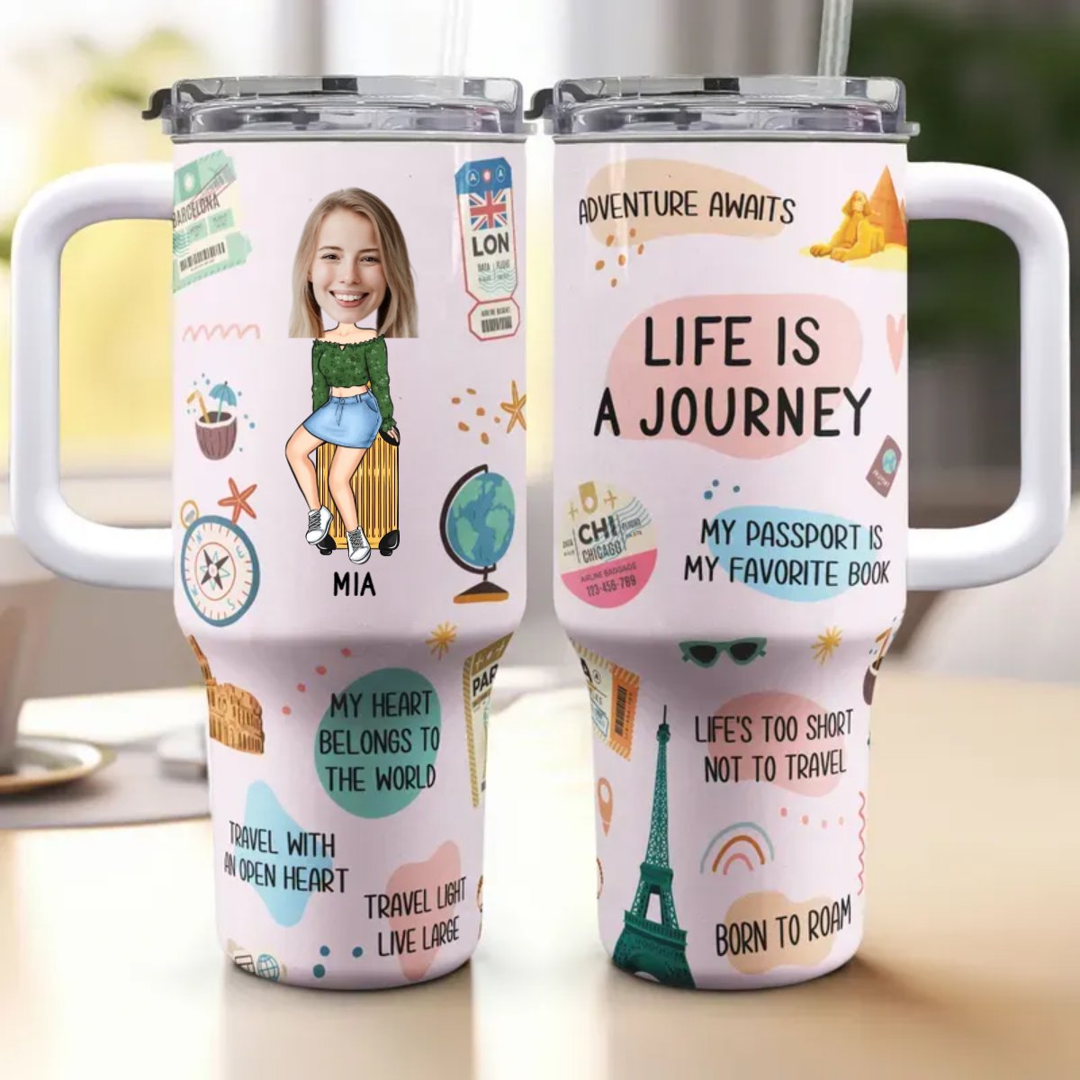 40oz Travel Lovers - Life Is A Journey - Personalized Tumbler With Handle - The Next Custom Gift
