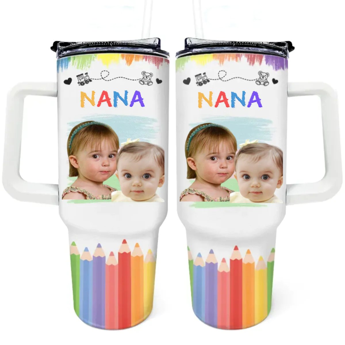 40oz Tumbler Kids - Custom Photo Nana Papa Mommy Daddy - Personalized Tumbler With Handle - The Next Custom Gift