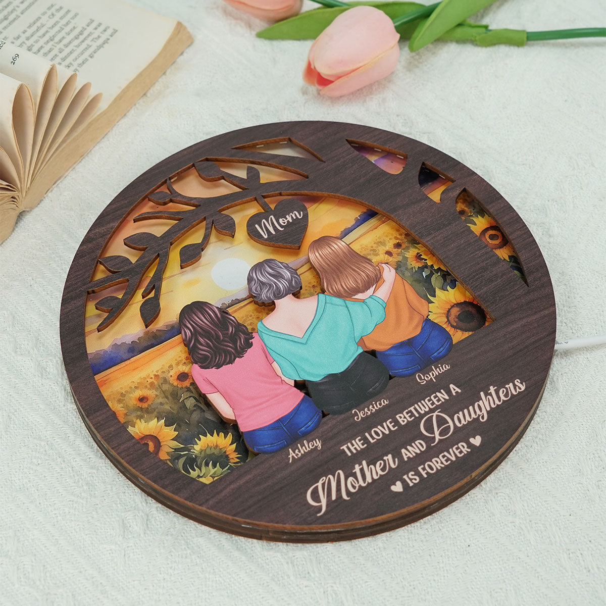 Mother Daughters Sitting Under Tree Personalized Wooden Frame With LED, Mother's Day gift for Mom