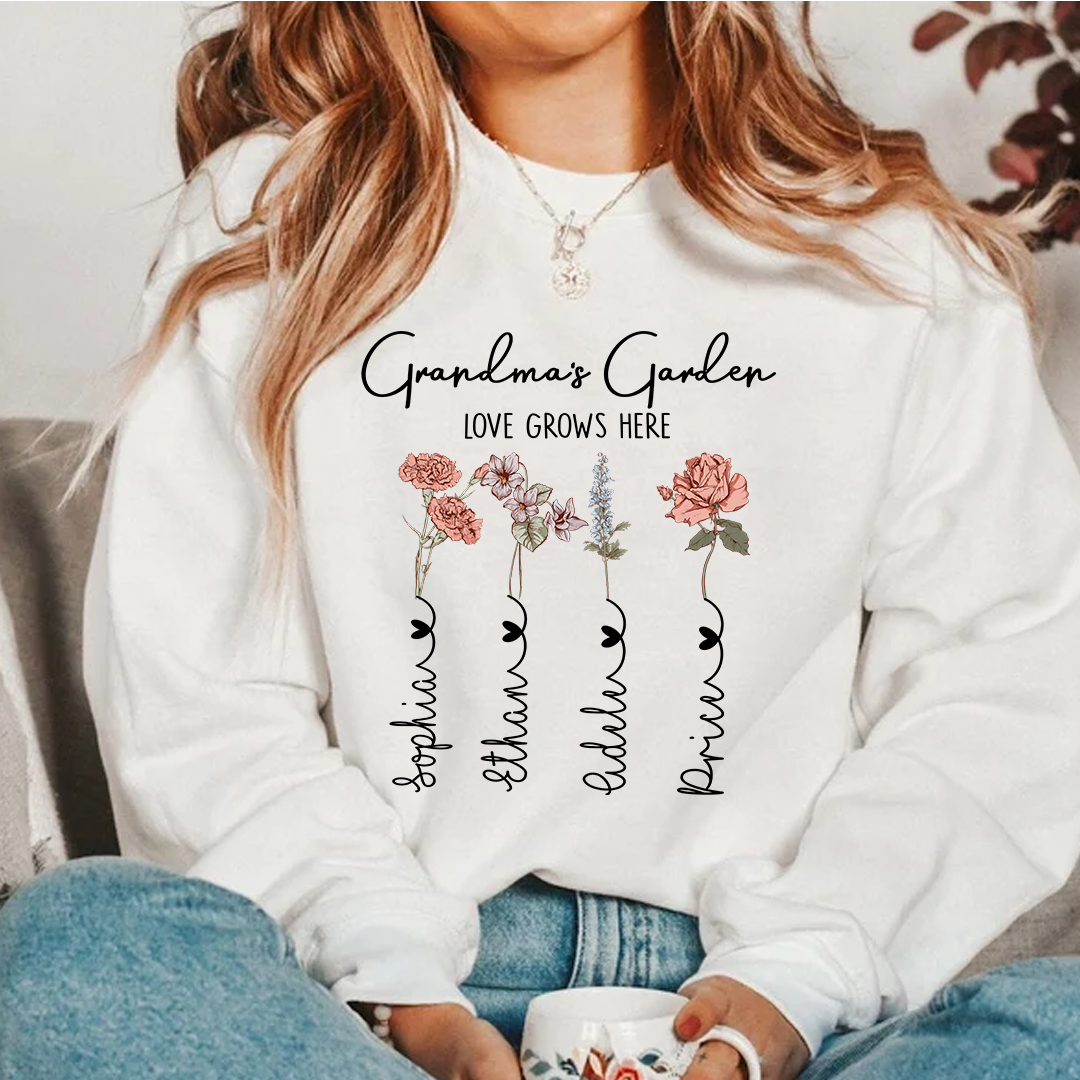 Grandma's Garden Custom Birth Flower Sweatshirt – Personalized Gift for Grandma, Love Grows Here