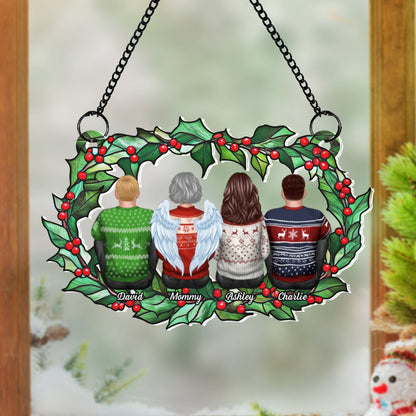 Family Sitting Back View Holly Branch Personalized Suncatcher, Heartfelt Memorial Gift For Your Loved One