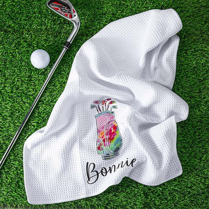 Personalised Colorful Golfing Clubs Golf Waffle Towel Absorb Sweat with Hanging Clip Name Birthday Gift for Golf Lovers