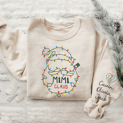 Custom Mimi Claus Christmas Lights Sweatshirt, Personalized Grandma Sweatshirt with Children Name on Sleeve