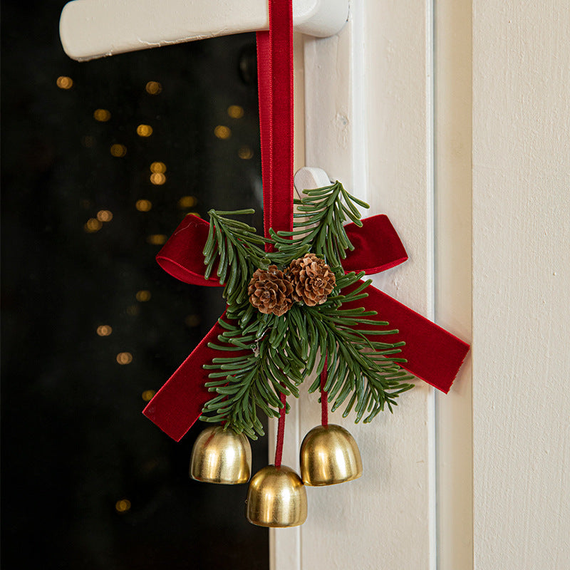 Christmas Bell Velvet Bow Pine Cone Pendant