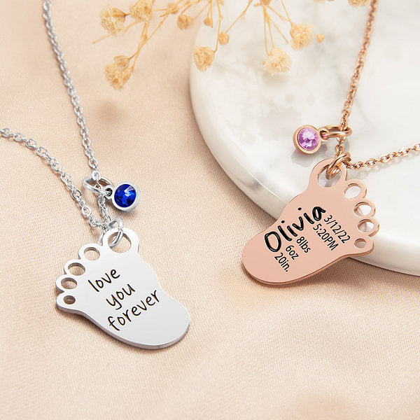 Personalised Engraved Baby Foot Pendant Necklace with Birth Announcement and Birthstone Birthday Baby Shower Gift for Kid New Mom