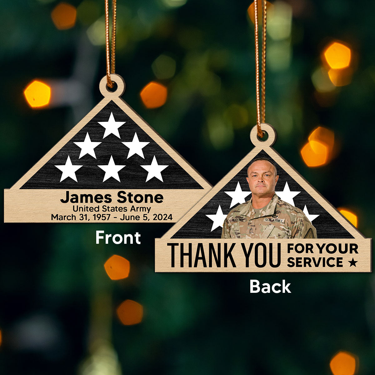 Memorial Honor Sympathy Gift Folded Flag Photo Inserted Personalized Double-Sided Wooden Ornament