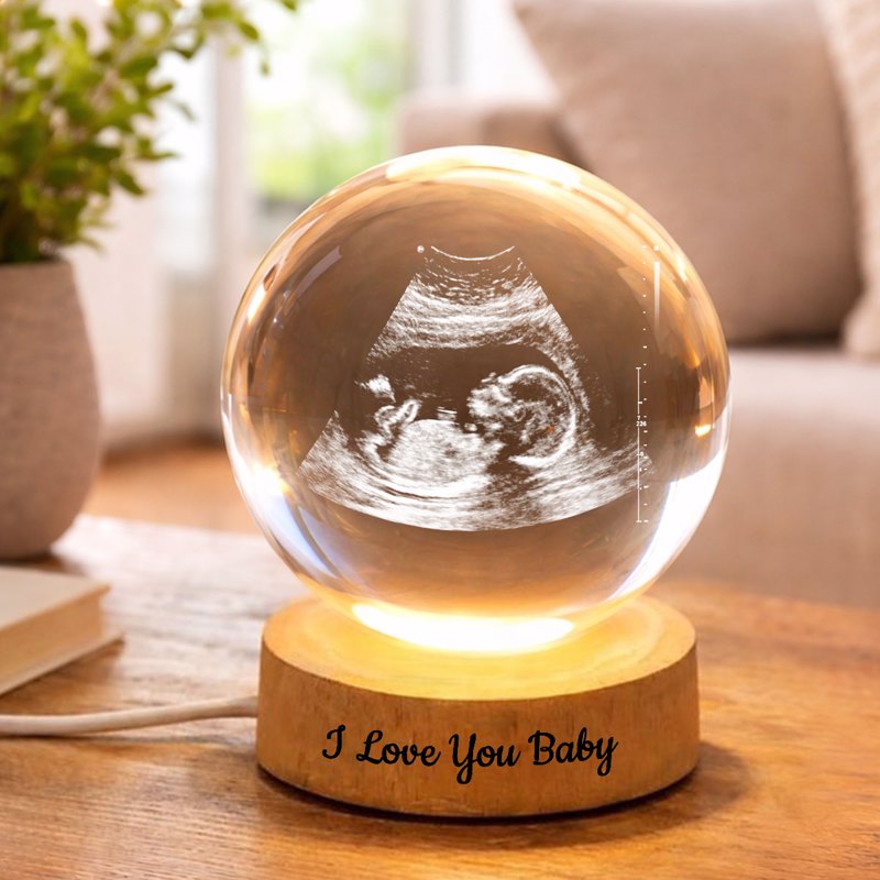 Custom Baby Ultrasound - Personalized Crystal Ball LED Night Light - Engraved Wooden Base, Sentimental Mother's Day Gift for Her