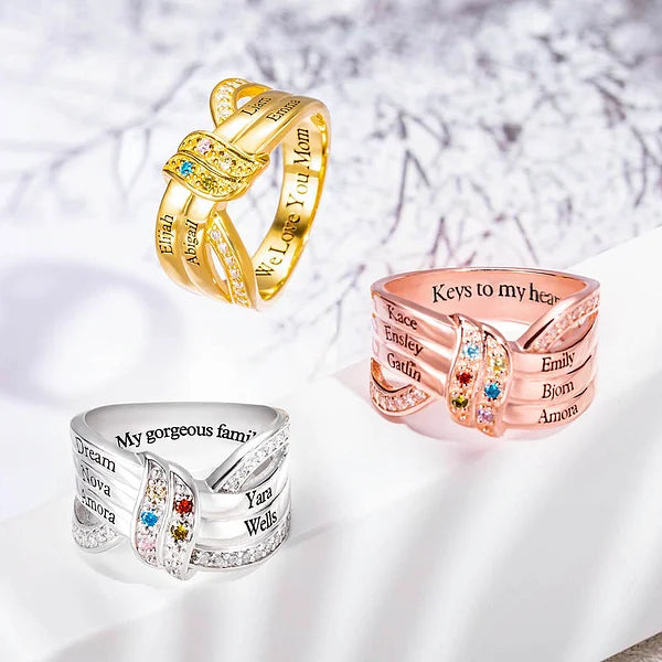 Personalised Ribbon Knot Ring with 1-8 Birthstones and Engraved Names Zircon Family Jewellery Mother's Day Birthday Gift for Mom Grandma