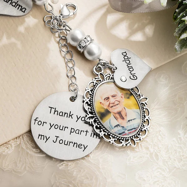 Personalised Lace Oval Photo Bouquet Charm with Heart Engraved Pendant Memorial Wedding Gift for Bride