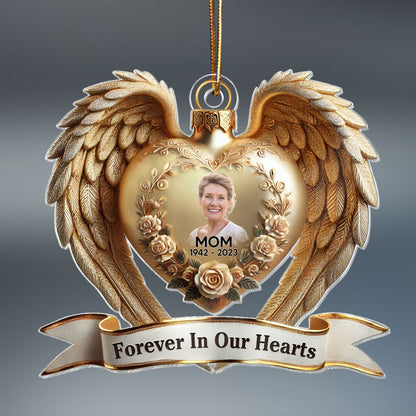 Forever In Our Hearts Angel Wings Photo Upload Memorial Keepsake 3D Effect Personalized Acrylic Flat Ornament