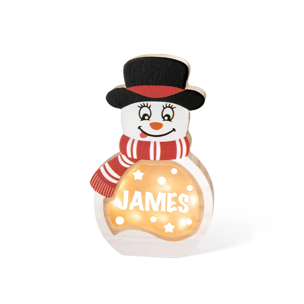 Personalized Snowman LED Light Wooden Decoration with Tabletop Name Block Sign Holiday Party Essentials Winter Christmas Gift for Family Kids