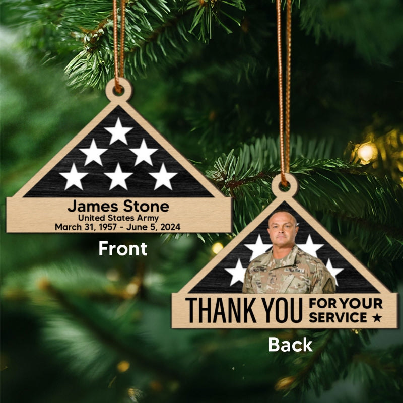 Memorial Honor Sympathy Gift Folded Flag Photo Inserted Personalized Double-Sided Wooden Ornament