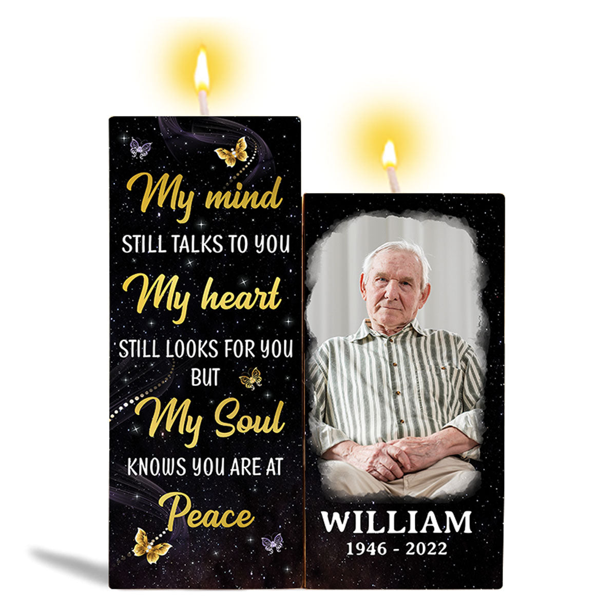 My Mind Still Talks To You Photo Inserted Glow Butterflies Memorial Sympathy Remembrance Keepsake Personalized Candle Holder