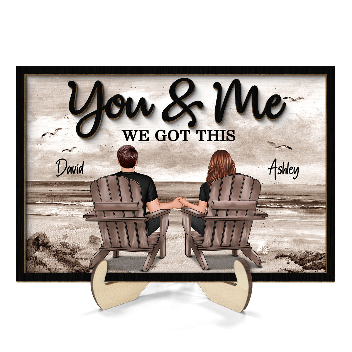 Retro Vintage Back View Couple Sitting Beach Landscape Personalized 2-Layer Wooden Plaque