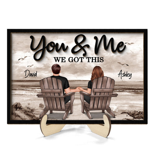 Retro Vintage Back View Couple Sitting Beach Landscape Personalized 2-Layer Wooden Plaque