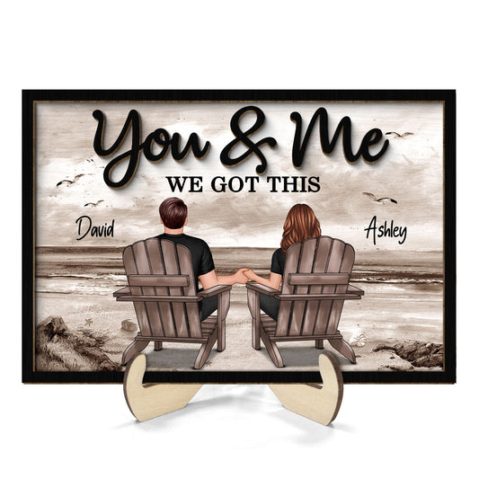 Retro Vintage Back View Couple Sitting Beach Landscape Personalized 2-Layer Wooden Plaque