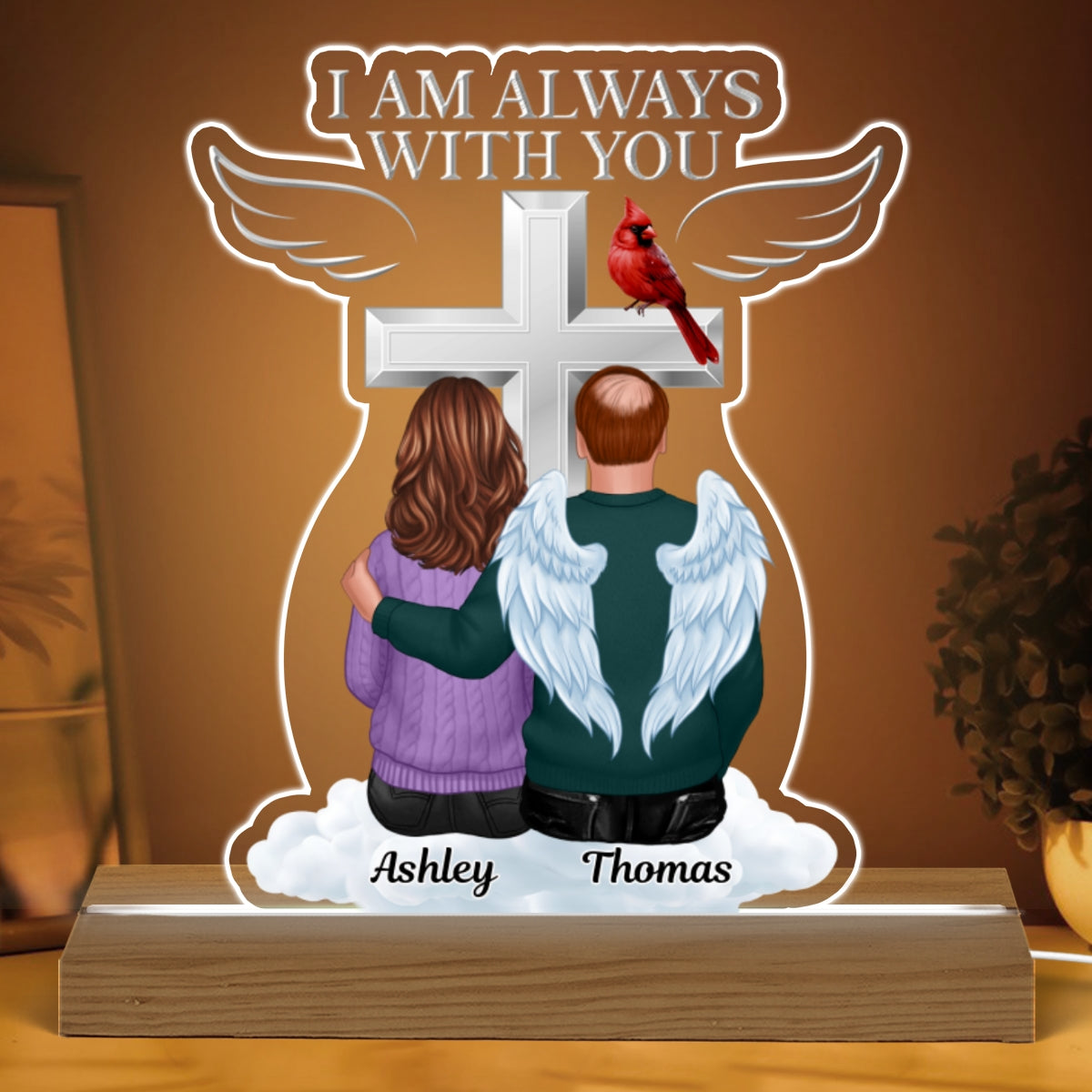 Always With You Family Memorial Keepsake People Sitting Under Cross Personalized Acrylic Plaque With LED Night Light