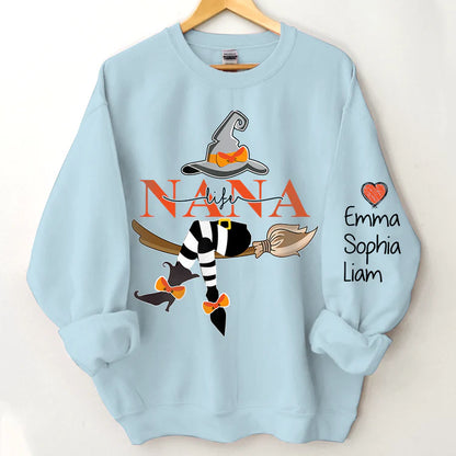 Personalized Nana Life Witch Halloween Sweatshirt, Custom Grandma With Grandkids Name On The Sleeve Halloween Sweatshirt