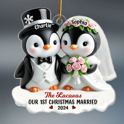 3D Effect Penguins Just Married Couple Groom & Bride Wedding First Christmas Together Personalized Acrylic Ornament