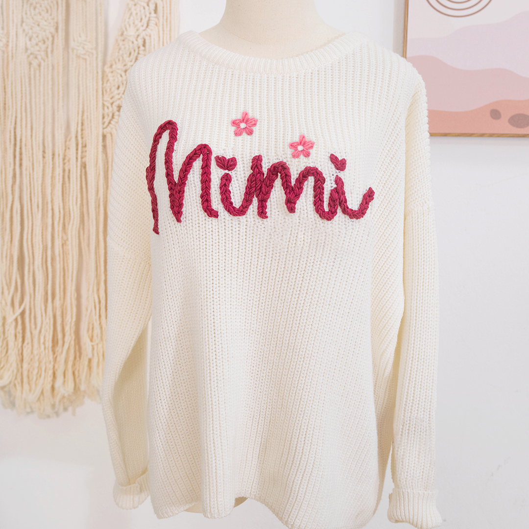 Custom Hand-Embroidered Knitted Sweater - Personalized Name Sweater for Grandma, Mimi, or Nana - Soft and Cozy Gift for Grandparents