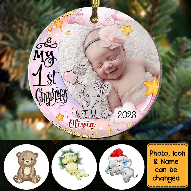 Baby's First Christmas Animal Upload Photo Circle Ornament