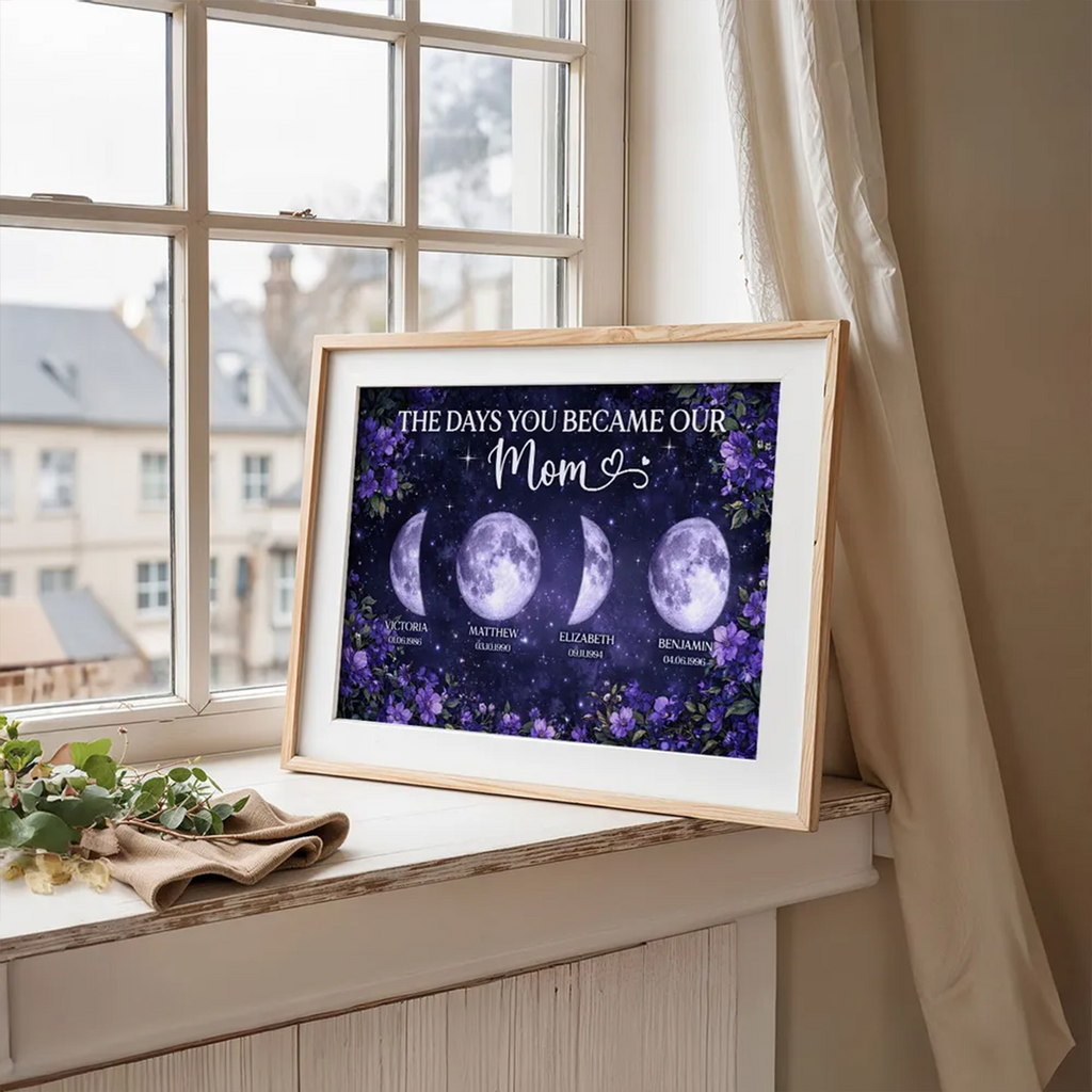 Purple Flowers The Day You Became Mom Grandma Custom Birth Moon Phase - Personalized Poster - Mother's Day Gift For Mom, Grandma