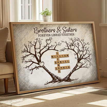 Brothers & Sisters Forever Linked Together Heart Tree Puzzle Crossword Art Personalized Poster, Gift For Brothers, Sisters, Siblings