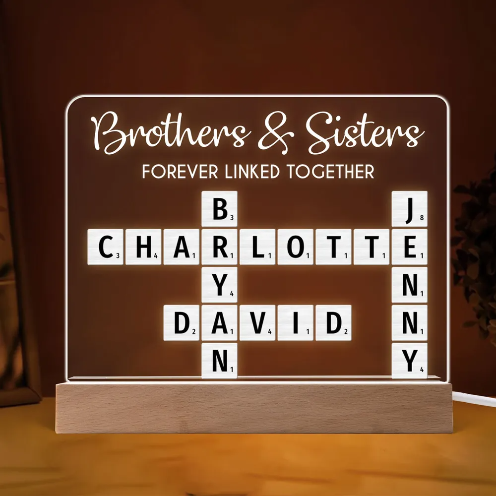 Brothers & Sisters Forever Linked Together Crossword Puzzle Art Personalized Acrylic Warm LED Night Light, Christmas Gift For Brothers, Sisters, Siblings, Family