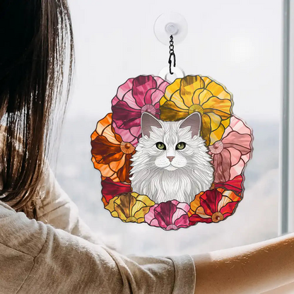 Floral Dog Cat Pet Portrait - Personalized Window Hanging Suncatcher Ornament